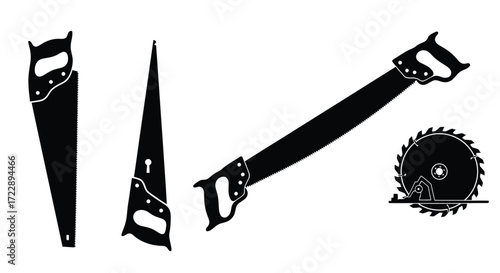 Collection of antique and modern hand saws and saw blade silhouettes on white vector