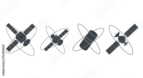 Four satellite dish antennas in different angles showing communication and technology vector