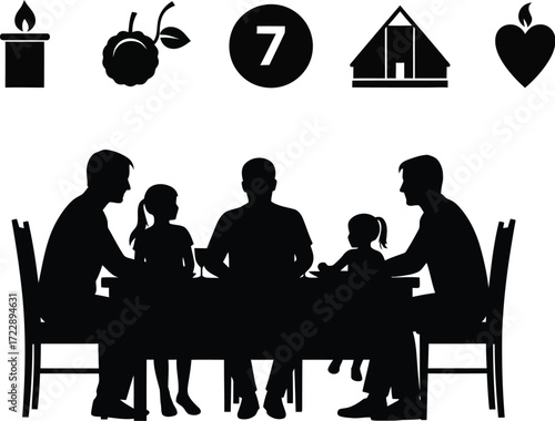 Silhouette illustration portraying a family of five seated at a dining table enjoying time together