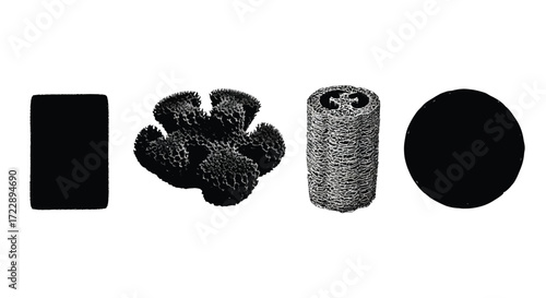 Four distinct black shapes on white isolated background square flower cylinder circle objects vector