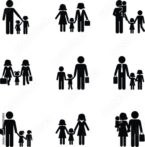 Collection of family icons depicting diverse familial structures in simple graphic style