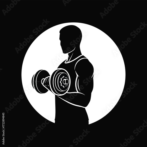 Silhouette of muscular man lifting dumbbell in circle for fitness and strength concept