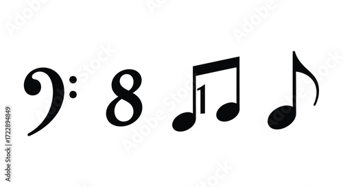 Musical notation symbols bass clef time signature eighth notes and quarter note graphic elements vector