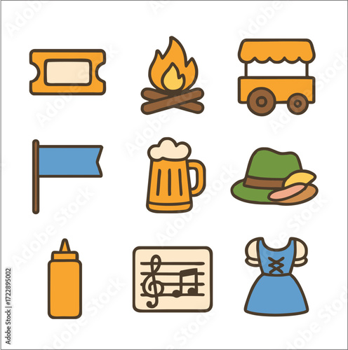 A flat 2D Oktoberfest icon set featuring bold outlines, bright solid colors
