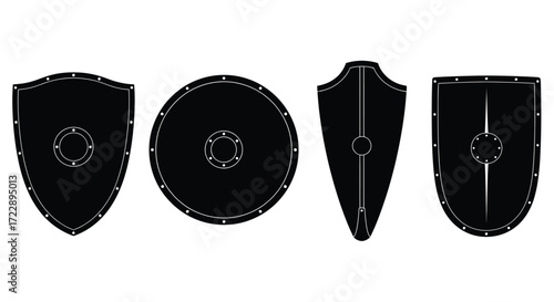 Collection of medieval historical shields for protection and combat displayed together vector