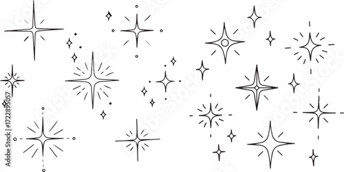 Hand-Drawn Sparkle and Star Doodle Collection on White Background