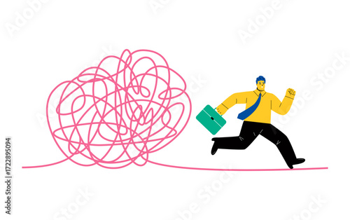 Difficult situation concept. Business man run came out of the tangle. Flat vector illustration isolated on white background