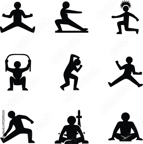 Collection of diverse exercise silhouettes showcasing various fitness activities and poses showing