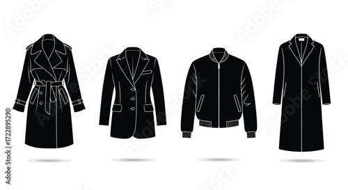 Four stylish black jackets and coats presented as fashion apparel flat lay studio shot vector