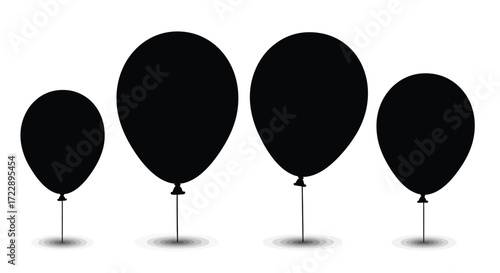 Four silhouette black balloons floating with shadow and string against a clean white backdrop vector