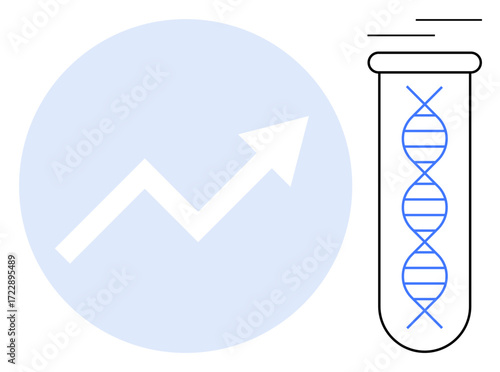 DNA strand inside a test tube beside upward growth arrow. Ideal for science, research, biotechnology, genetic engineering, innovation, progress, education. Minimalist flat metaphor