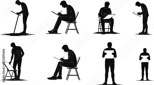 Drawing silhouettes, artist poses, sketching activity, creative expression, art practice, hobby lifestyle, easel drawing, artistic posture, design concept, creative illustration,