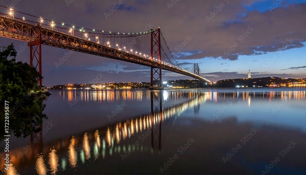 Naklejka premium City bridge reflecting in calm water at twilight