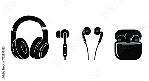 Collection of modern audio devices including headphones earbuds and wireless charging case vector