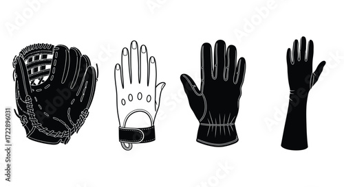 Diverse handwear collection four different gloves and mitts for sports and work isolated on white vector