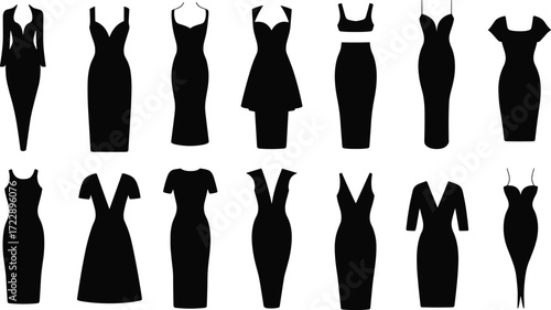 Women’s dress silhouettes, black and white vector, fashion illustration, clothing design, elegant outfit icon, retail art, stock image, style figure, couture drawing, lifestyle symbol