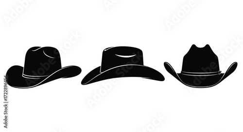 Three distinct black cowboy hats silhouette isolated studio shot on iconic western headwear vector