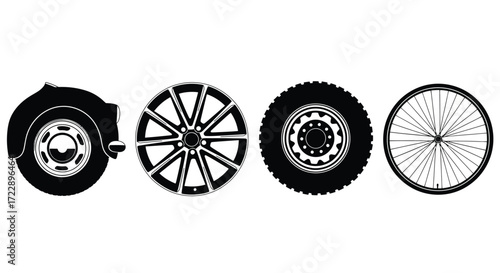 Collection of four diverse automotive wheels and tires showing different tread patterns and designs vector