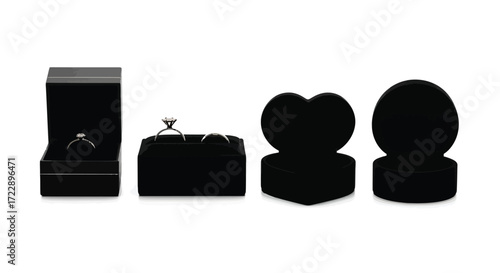 Collection of elegant black velvet jewelry boxes for rings and pendants on a vector