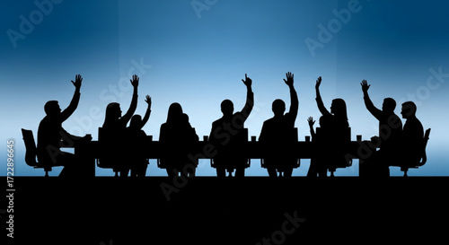 Silhouette of people raising hands at a conference table against a blue gradient background shows unity