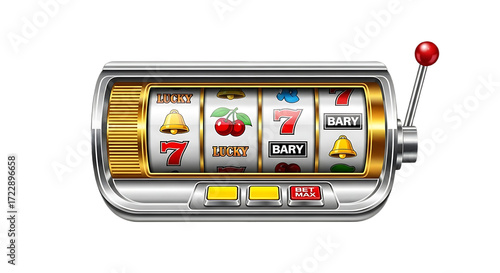 Classic Silver Slot Machine with Red Lever and Bright Symbols for Casino and Gambling Advertising