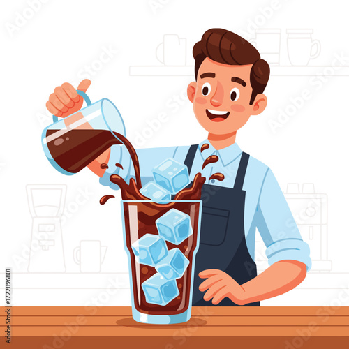 Barista skillfully pours iced coffee into a tall glass, creating a refreshing beverage experience