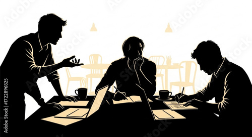 Silhouette of three men in a meeting, with laptops, papers and coffee cups on the table in the office
