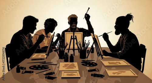 Silhouette of four artists painting at a table with canvases, brushes, and paint supplies in a studio