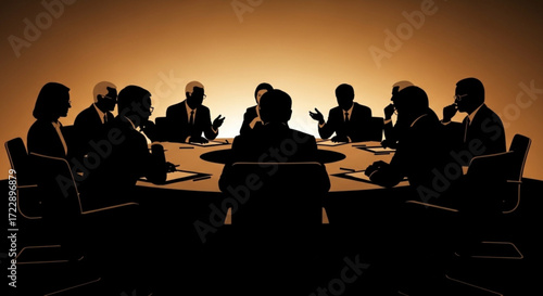 Silhouette of business people in a meeting around a round table discussing strategy and planning ideas