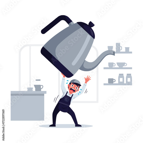 Stressed cartoon barista struggling under the immense weight of a giant kettle, symbolizing overwhelming tasks and workplace pressure