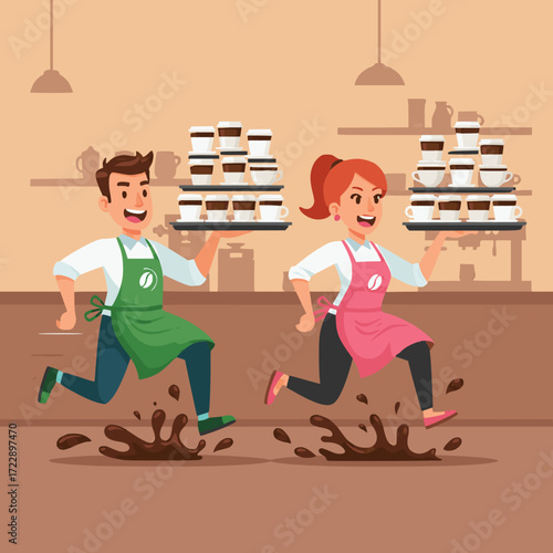 Energetic baristas rush in a bustling coffee shop, balancing multiple hot coffee orders on trays, depicting fast-paced service with humorous spills