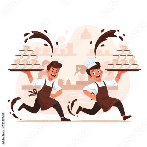 Two chefs in aprons running with trays stacked high with coffee cups, splashing beverages in a lively scene