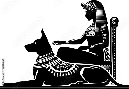 Silhouette of ancient Egyptian queen seated beside a dog  