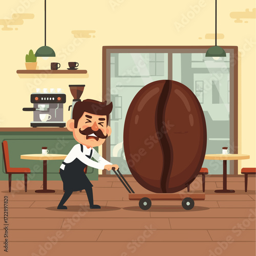 Barista Struggling with Giant Coffee Bean A Hilarious Illustration