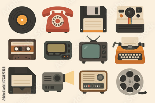 Vintage technology collection featuring cassette, polaroid camera, vinyl, and rotary phone