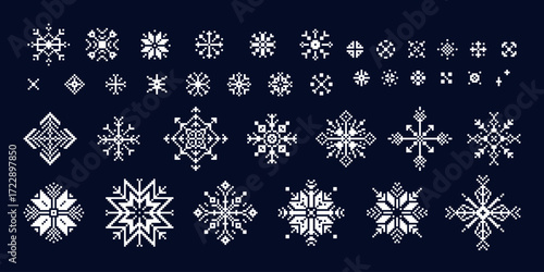 Set of pixel art snowflakes, retro icons. Collection of 8 bit various winter elements, ornate ice crystals, y2k style. Decoration for Christmas, New Year designs, greeting cards.