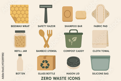Zero waste icons: sustainable everyday items for eco-friendly living
