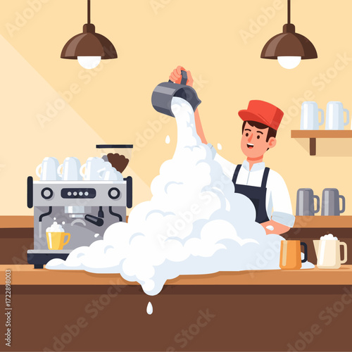 Barista making coffee spills milk in the cafe, funny accident with foam creating a mess on the counter