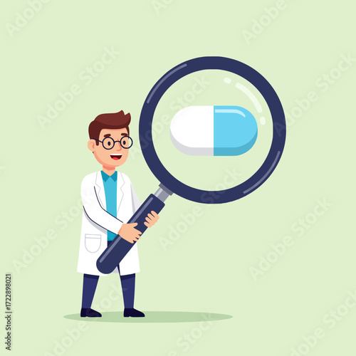 Doctor Examining Medicine Through Magnifying Glass Healthcare and Pharmaceutical Research