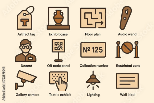 Museum icons: artifact tags, exhibit cases, floor plans, audio guides, and more