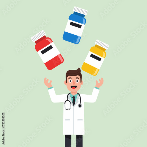 Happy Doctor Juggling Pills A Cartoon Illustration Representing Healthcare and Medicine