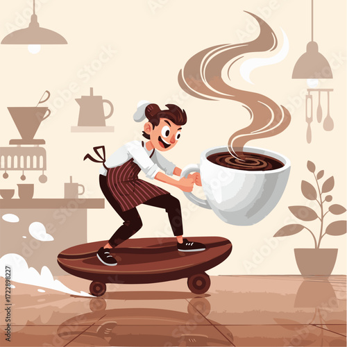 Energetic barista delivers a giant steaming coffee cup while skateboarding through a contemporary cafe, symbolizing speedy and vibrant coffee culture