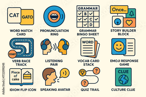 Educational language learning tools collection for engaging grammar and vocabulary practice