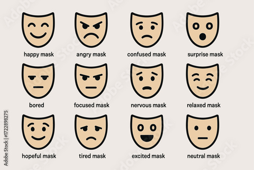 Set of emotional masks depicting various facial expressions for theater and art