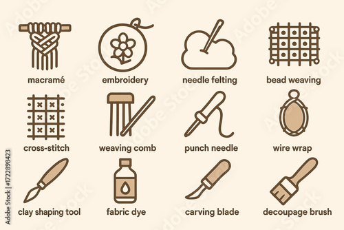 Craft tools icons: macramé, embroidery, punch needle, and more - illustrated diy guide