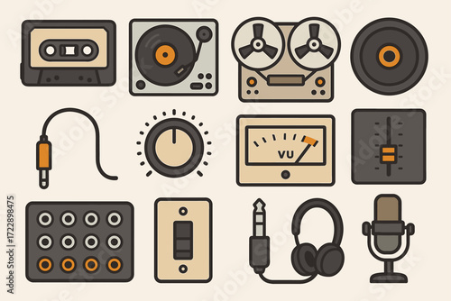 Retro audio equipment: cassette, turntable, tape reel, vinyl record, microphone icons