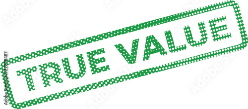 Green true value stamp contains white polka dots against a plain white background