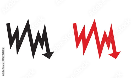 Red and black stock market investment Downward arrow.  Two zigzag downward arrows in red and black, symbolizing decline, decrease, business loss, or negative economic and financial trends.
