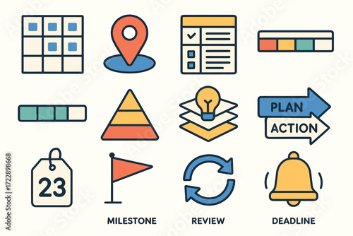 Project management and productivity icons for planning and organization