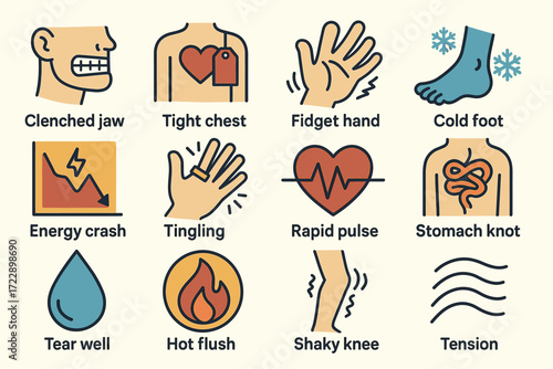 Visual guide to physical anxiety symptoms: illustrated icons of bodily responses